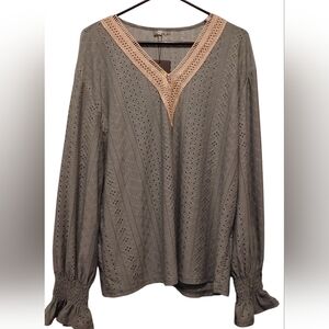 Women’s Olive Eyelet V-Neck Top with Crochet Trim